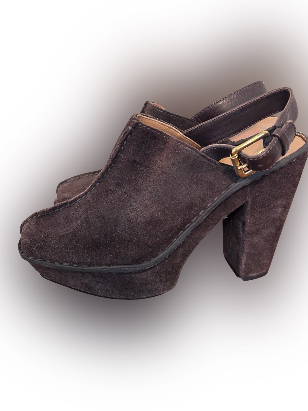 KORS Michael Kors Dark Brown Suede Platform Slingback Clogs Heels Buckle Sz 8